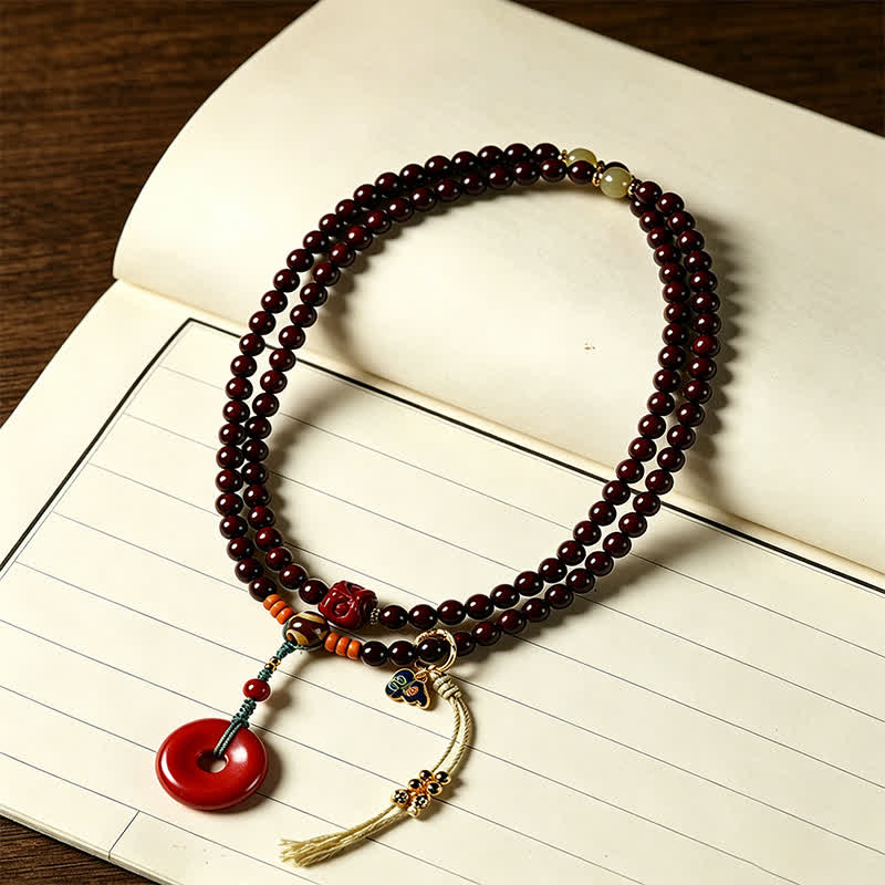 Buddha Stones Mala de protección con hebilla de paz de sándalo rojo, tejido a mano, 108 cuentas. - image 1