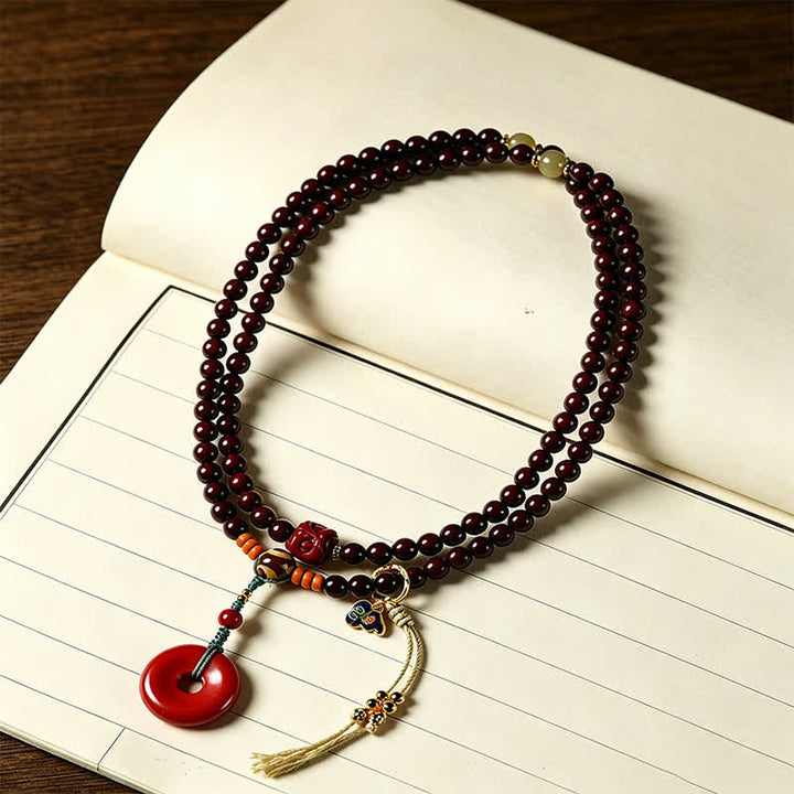 Buddha Stones Mala de protección con hebilla de paz de sándalo rojo, tejido a mano, 108 cuentas. - image 1