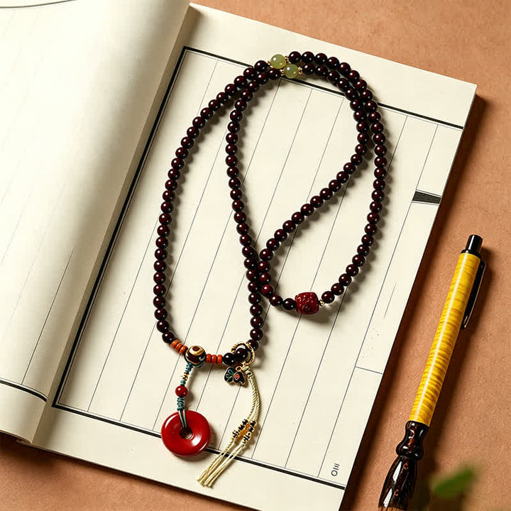 Buddha Stones Mala de protección con hebilla de paz de sándalo rojo, tejido a mano, 108 cuentas. - image 4