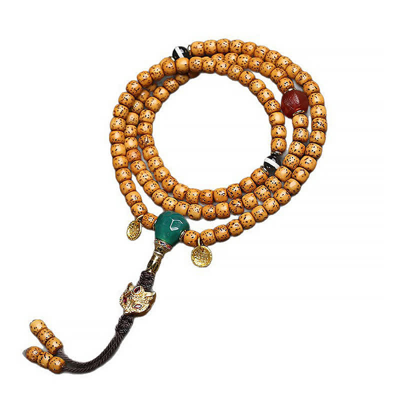 Buddha Stones Mala tibetano hecho a mano de 108 cuentas con diseño de estrella, luna, semilla de Bodhi, zorro y calabaza. - image 1