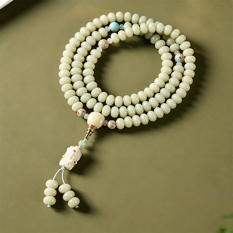Buddha Stones Mala étnica tejida a mano de 108 cuentas con semillas de Bodhi blancas, Bodhisattva Tara Hope - image 1
