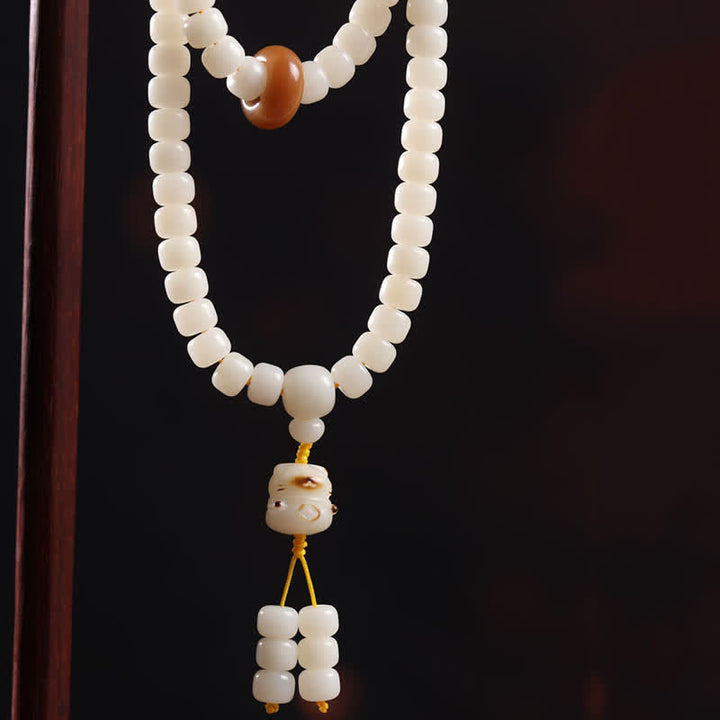 Buddha Stones Mala de oración pulida a mano con semillas de Bodhi blancas y diseño de gato puro - image 3