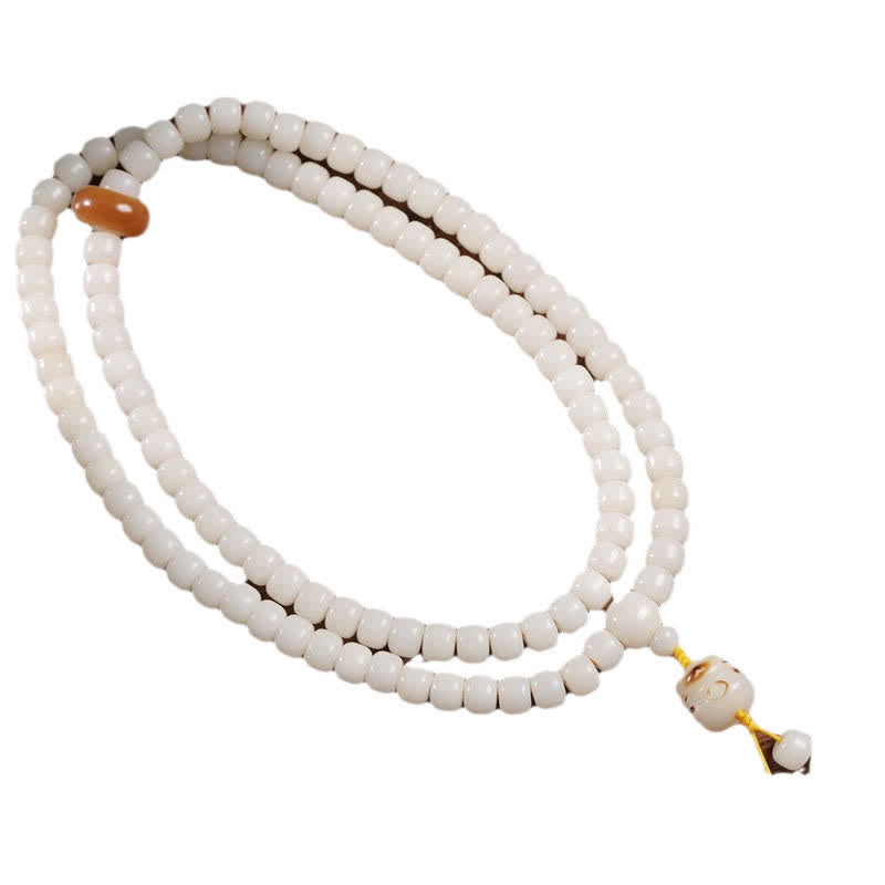 Buddha Stones Mala de oración pulida a mano con semillas de Bodhi blancas y diseño de gato puro - image 4