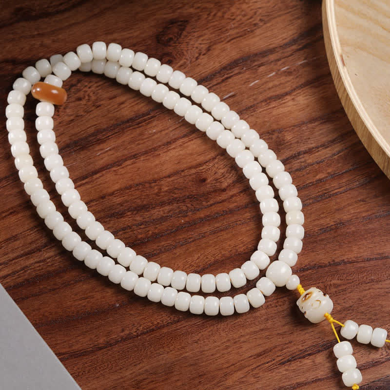 Buddha Stones Mala de oración pulida a mano con semillas de Bodhi blancas y diseño de gato puro - image 1