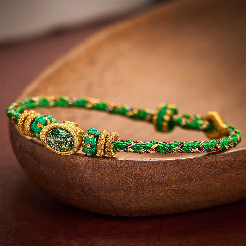 Buddha Stones Pulsera ajustable de protección con cordón verde tejido a mano de cinco colores, lingotes verdes y amuletos de flor de ciruelo. - image 1