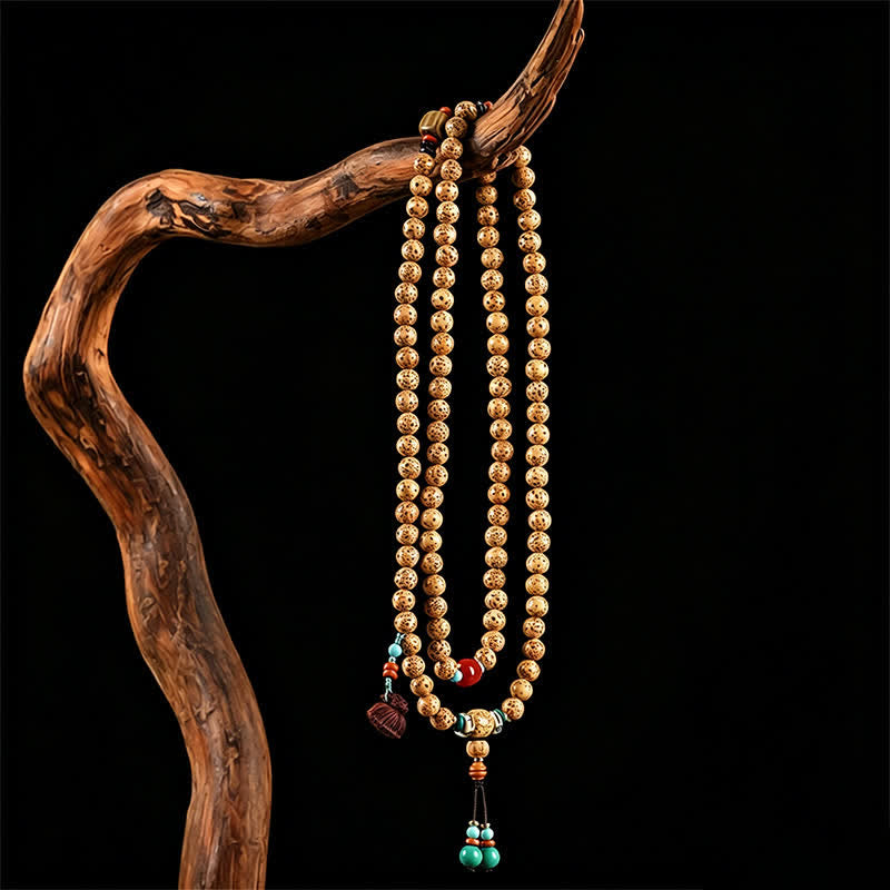 Buddha Stones Mala redonda de 108 cuentas con diseño de estrella, luna, semilla de Bodhi y vaina de loto, elaborada a mano. - image 8