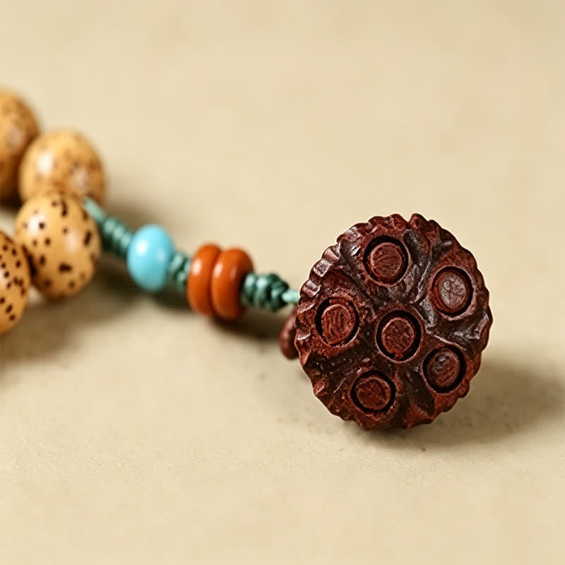Buddha Stones Mala redonda de 108 cuentas con diseño de estrella, luna, semilla de Bodhi y vaina de loto, elaborada a mano. - image 19