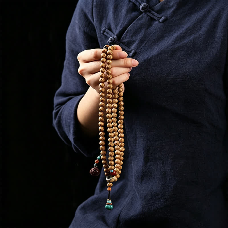 Buddha Stones Mala redonda de 108 cuentas con diseño de estrella, luna, semilla de Bodhi y vaina de loto, elaborada a mano. - image 10