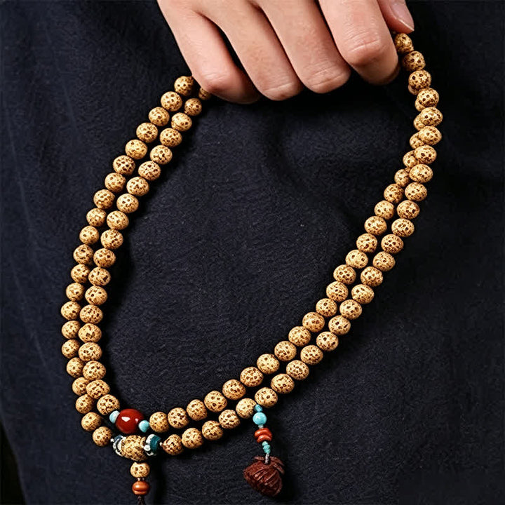 Buddha Stones Mala redonda de 108 cuentas con diseño de estrella, luna, semilla de Bodhi y vaina de loto, elaborada a mano. - image 9