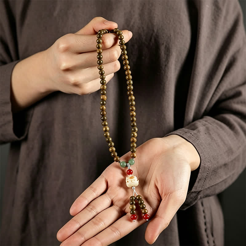 Buddha Stones Colgante de gato tejido a mano de sándalo verde Serenity Mala de estilo retro étnico - image 10