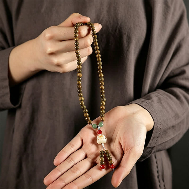 Buddha Stones Colgante de gato tejido a mano de sándalo verde Serenity Mala de estilo retro étnico - image 10