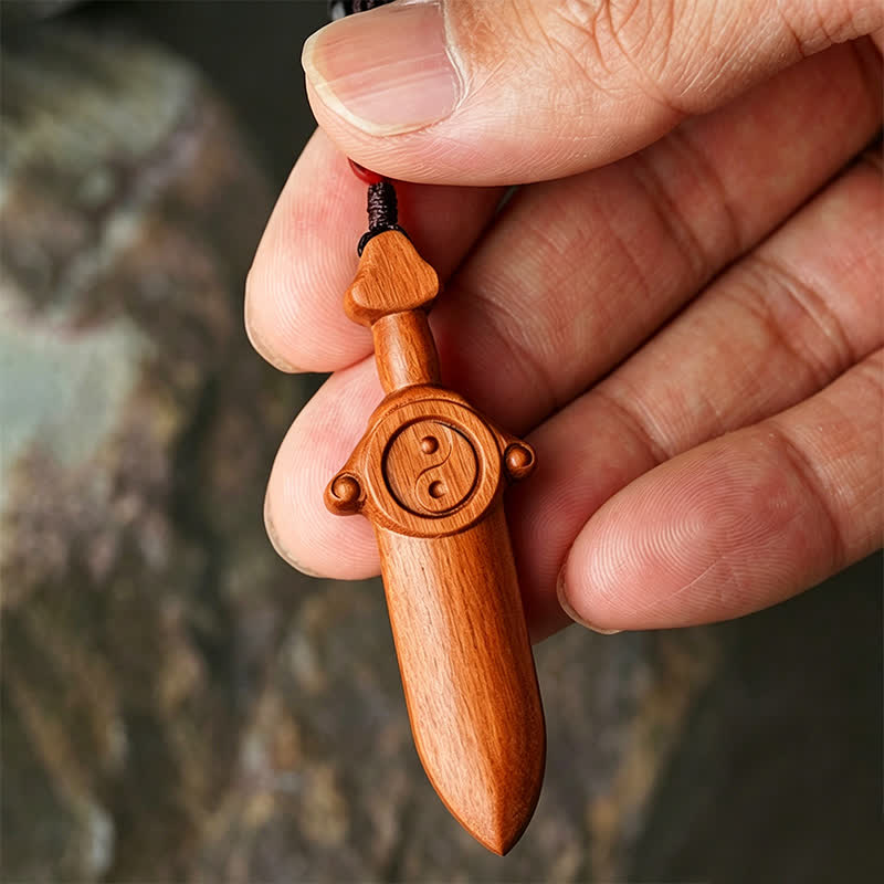 Buddha Stones Llaveros con espadas grabadas con el símbolo del equilibrio Yin Yang en madera de azufaifo - image 9