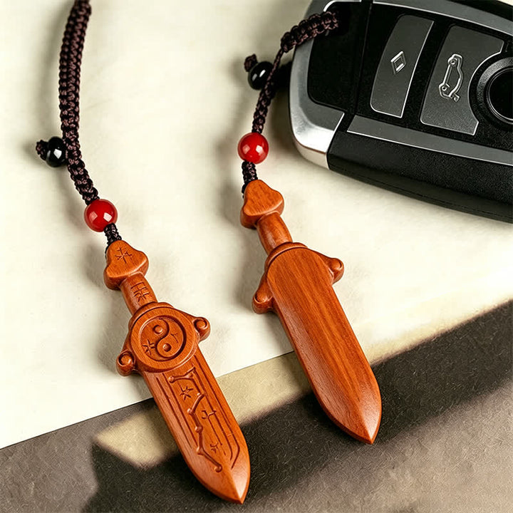 Buddha Stones Llaveros con espadas grabadas con el símbolo del equilibrio Yin Yang en madera de azufaifo - image 3