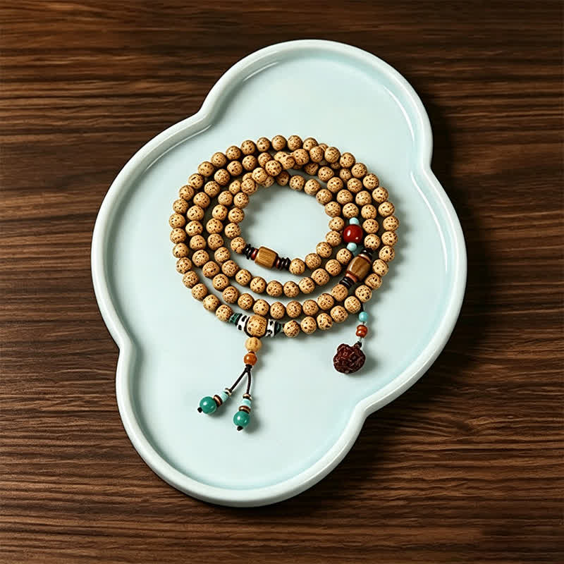 Buddha Stones Mala redonda de 108 cuentas con diseño de estrella, luna, semilla de Bodhi y vaina de loto, elaborada a mano. - image 1