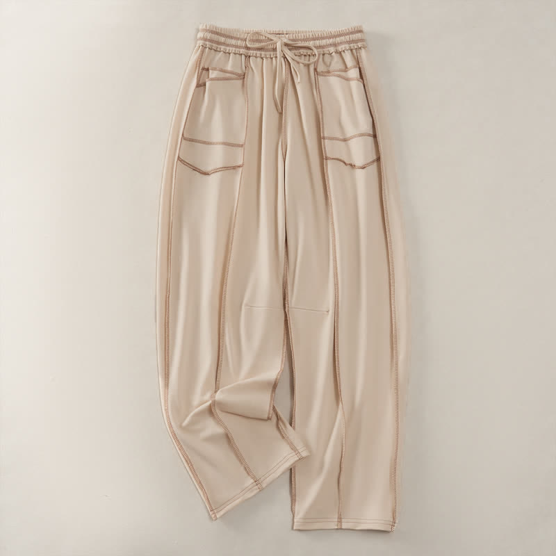 Pantalones tobilleros lisos de pierna recta para mujer con estampado de Buddha Stones, estilo casual de verano, con cordón ajustable y bolsillo. - Beige - US8-10, UK/AU12-14, EU40-42 (2XL) - image 0