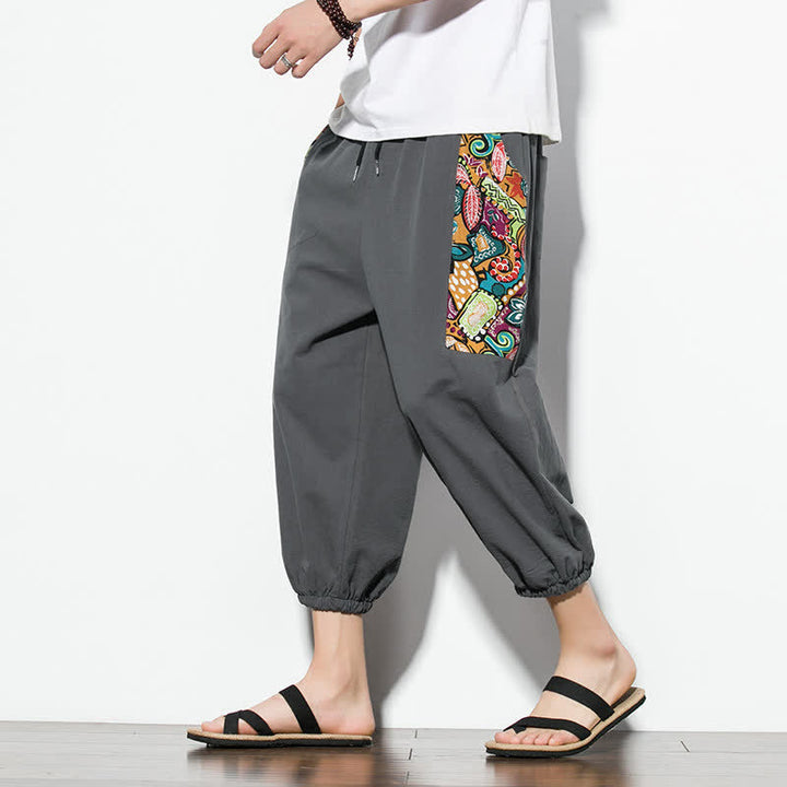 Buddha Stones Pantalones capri de verano informales estilo boho con cordón ajustable y diseño abstracto para hombre. - Gris oscuro - US/UK/AU46, EU56 (5XL) - image 0