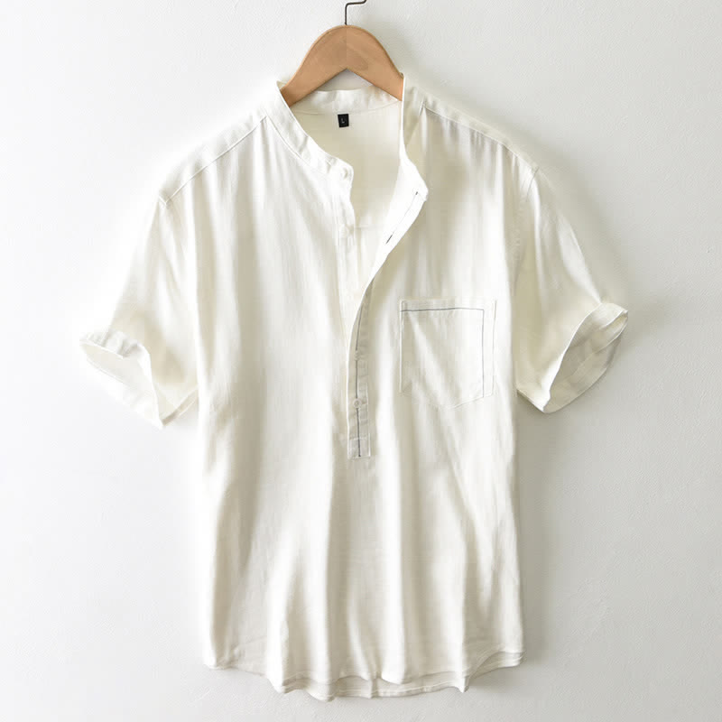 Buddha Stones Camisa de manga corta para hombre, estilo Tang casual de verano, con cuello mandarín, botones y bolsillo. - Blanco antiguo - US/UK/AU42, EU52 (3XL) - image 0