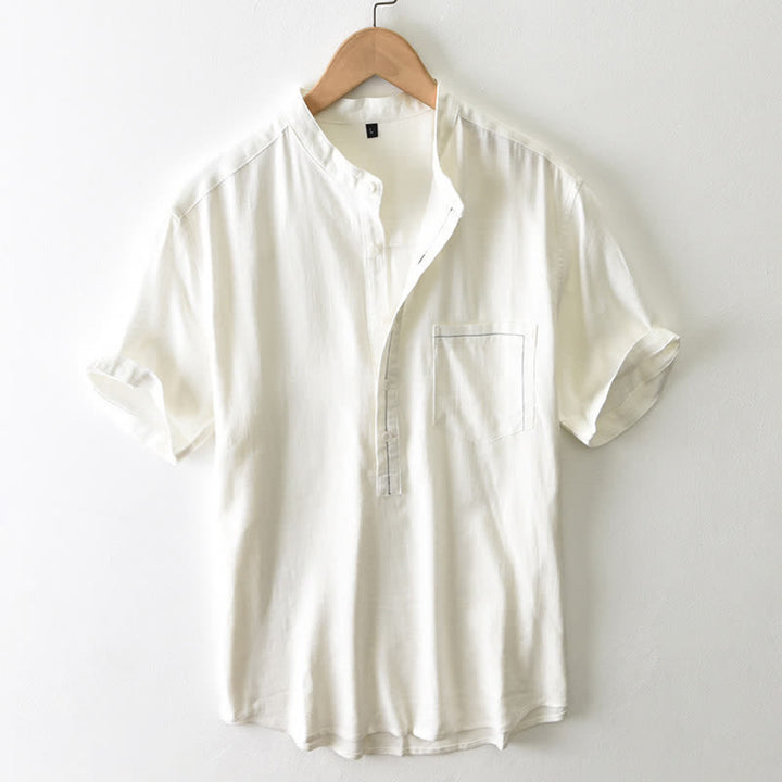 Buddha Stones Camisa de manga corta para hombre, estilo Tang casual de verano, con cuello mandarín, botones y bolsillo. - Blanco antiguo - US/UK/AU42, EU52 (3XL) - image 0