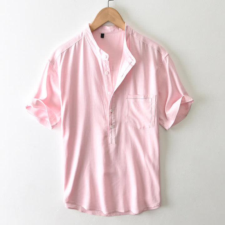 Buddha Stones Camisa de manga corta para hombre, estilo Tang casual de verano, con cuello mandarín, botones y bolsillo. - rosa claro - US/UK/AU42, EU52 (3XL) - image 16
