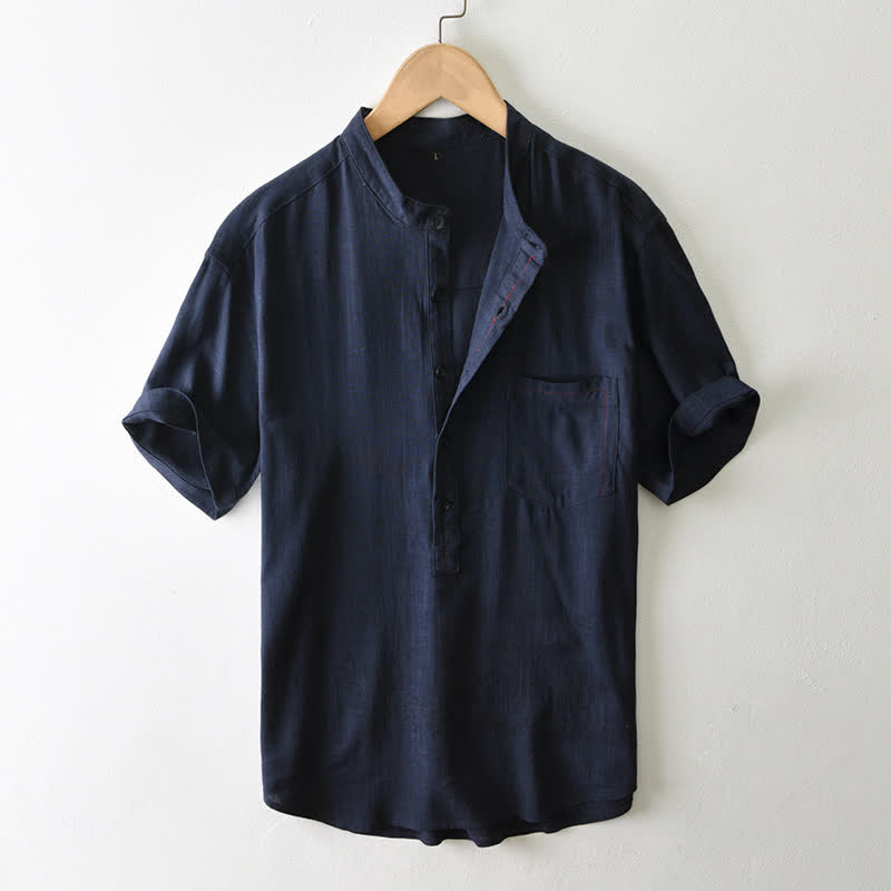 Buddha Stones Camisa de manga corta para hombre, estilo Tang casual de verano, con cuello mandarín, botones y bolsillo. - Azul medianoche - US/UK/AU42, EU52 (3XL) - image 15