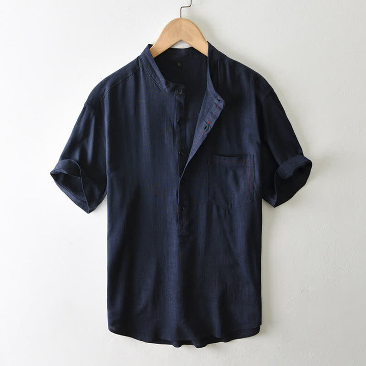 Buddha Stones Camisa de manga corta para hombre, estilo Tang casual de verano, con cuello mandarín, botones y bolsillo. - Azul medianoche - US/UK/AU42, EU52 (3XL) - image 15