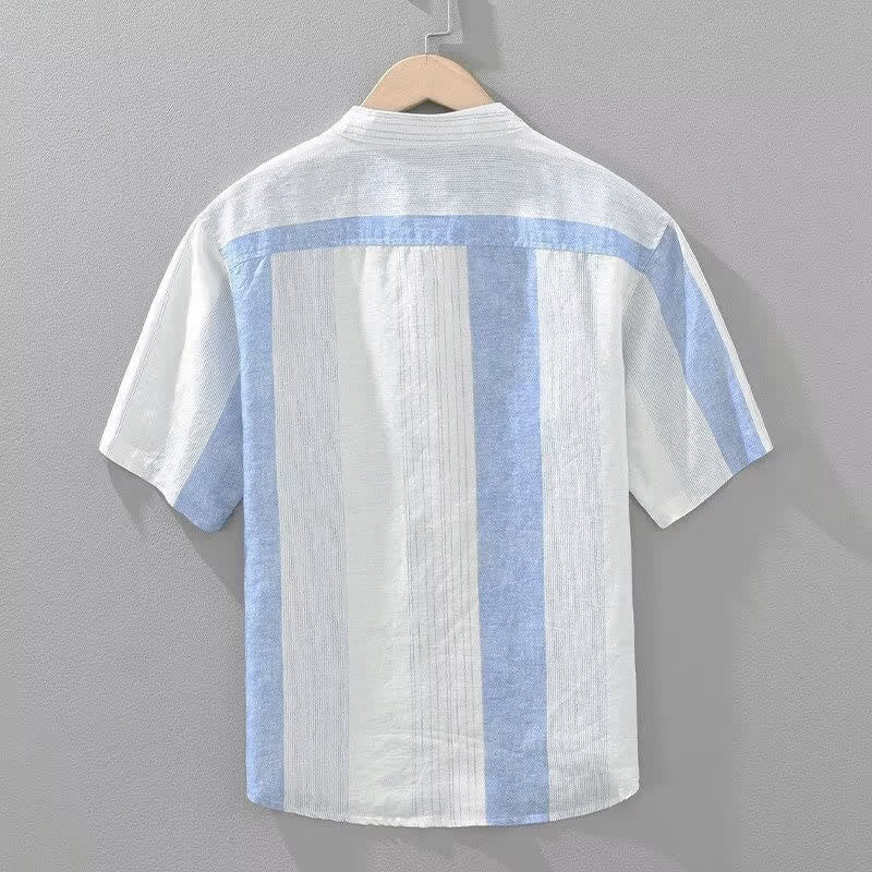 Buddha Stones Camisas de manga corta para hombre con cuello mandarín y rayas, estilo casual de verano. - image 2