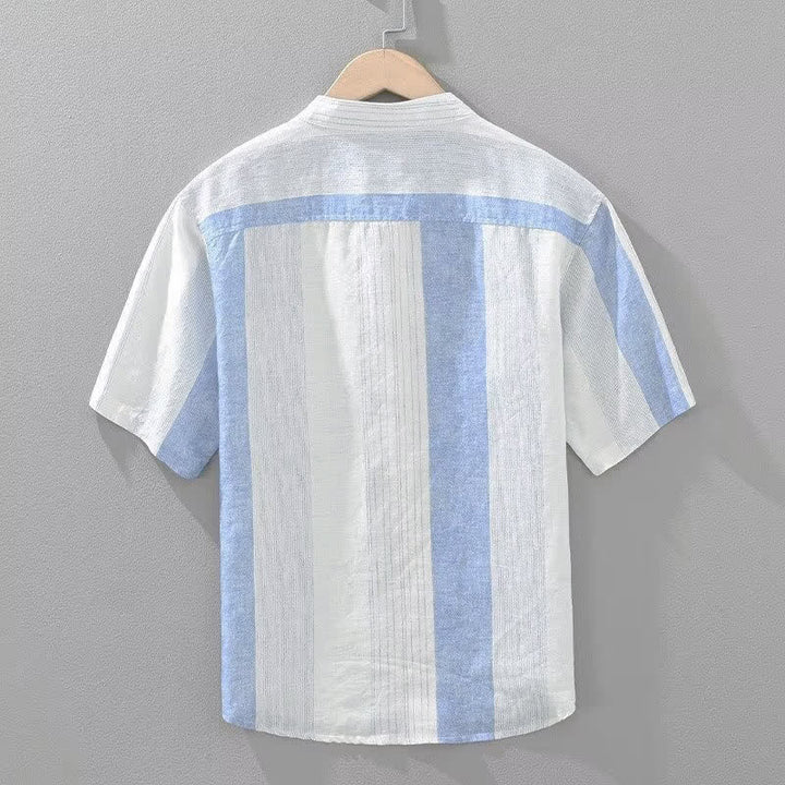 Buddha Stones Camisas de manga corta para hombre con cuello mandarín y rayas, estilo casual de verano. - image 2