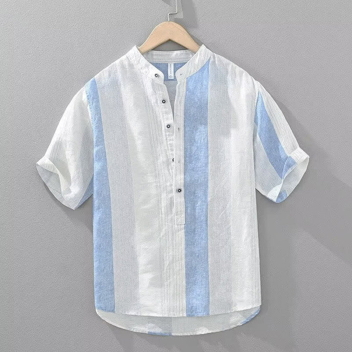 Buddha Stones Camisas de manga corta para hombre con cuello mandarín y rayas, estilo casual de verano. - Azul claro - US/UK/AU42, EU52 (3XL) - image 1