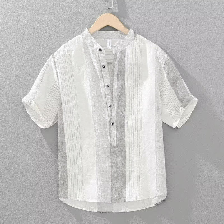 Buddha Stones Camisas de manga corta para hombre con cuello mandarín y rayas, estilo casual de verano. - Humo blanco - US/UK/AU42, EU52 (3XL) - image 0