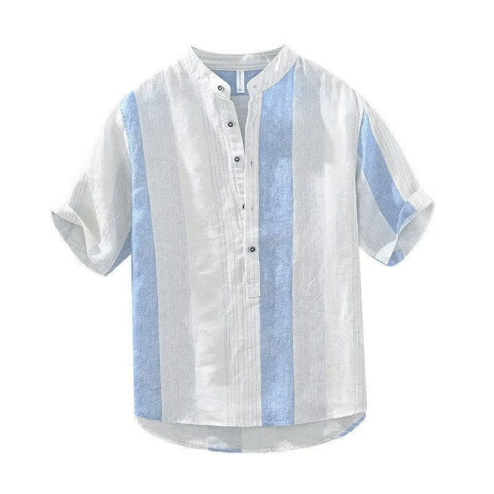 Buddha Stones Camisas de manga corta para hombre con cuello mandarín y rayas, estilo casual de verano. - image 3