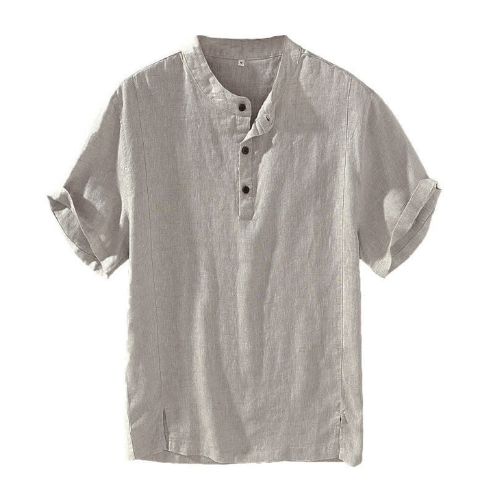 Buddha Stones Camisas de manga corta para hombre, estilo casual, con cuello mandarín y botones, de color liso, ideales para el verano. - image 4
