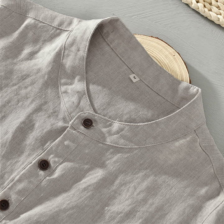 Buddha Stones Camisas de manga corta para hombre, estilo casual, con cuello mandarín y botones, de color liso, ideales para el verano. - image 5