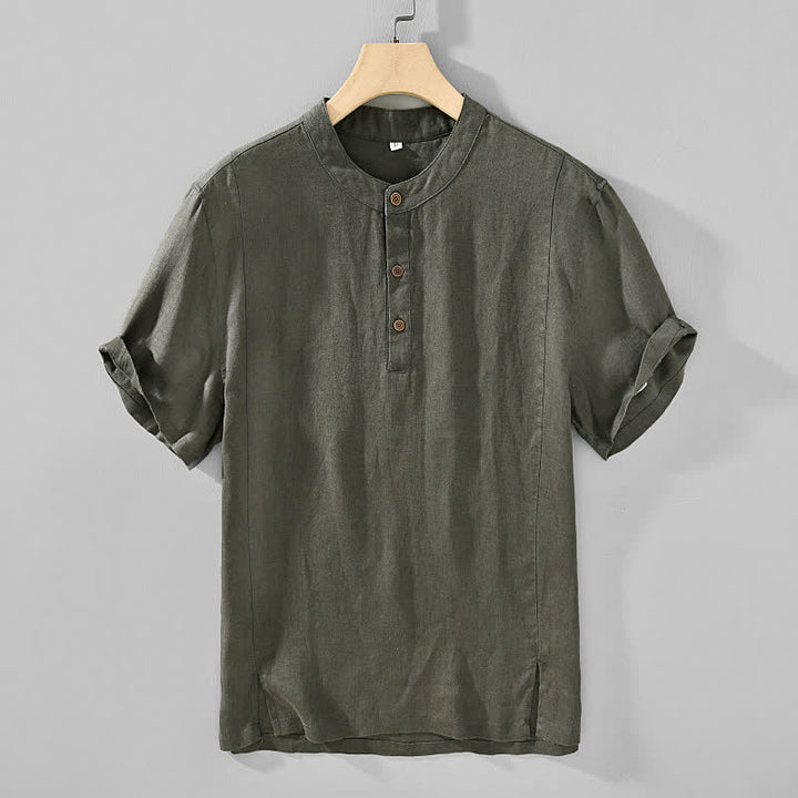 Buddha Stones Camisas de manga corta para hombre, estilo casual, con cuello mandarín y botones, de color liso, ideales para el verano. - Verde oliva oscuro - US/UK/AU44, EU54 (4XL) - image 8