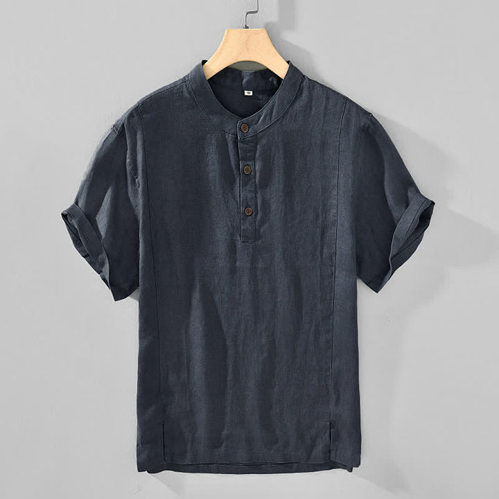 Buddha Stones Camisas de manga corta para hombre, estilo casual, con cuello mandarín y botones, de color liso, ideales para el verano. - image 1