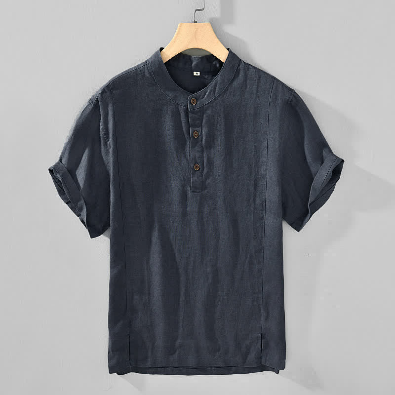 Buddha Stones Camisas de manga corta para hombre, estilo casual, con cuello mandarín y botones, de color liso, ideales para el verano. - Gris oscuro - US/UK/AU44, EU54 (4XL) - image 0
