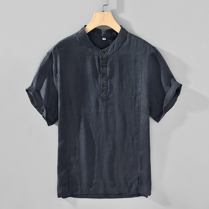 Buddha Stones Camisas de manga corta para hombre, estilo casual, con cuello mandarín y botones, de color liso, ideales para el verano. - Gris oscuro - US/UK/AU44, EU54 (4XL) - image 0