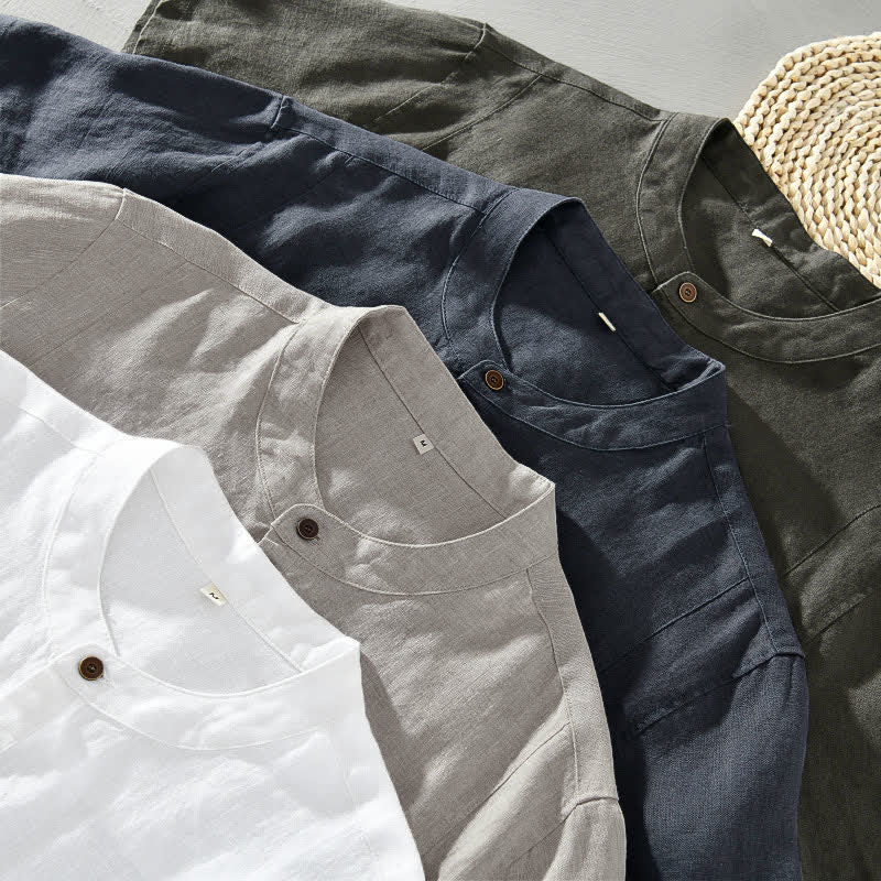 Buddha Stones Camisas de manga corta para hombre, estilo casual, con cuello mandarín y botones, de color liso, ideales para el verano. - image 14