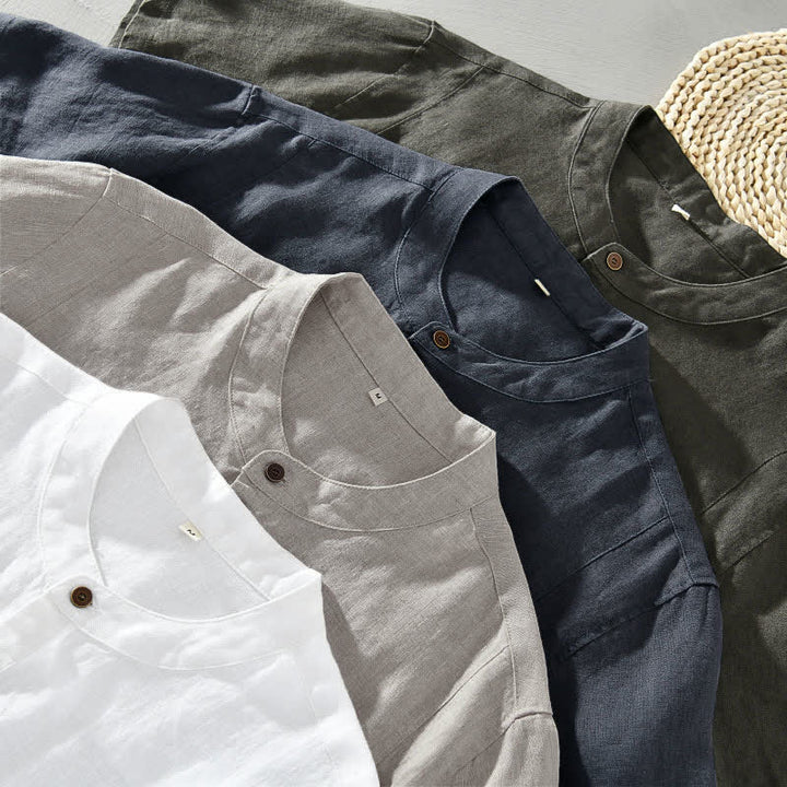 Buddha Stones Camisas de manga corta para hombre, estilo casual, con cuello mandarín y botones, de color liso, ideales para el verano. - image 14