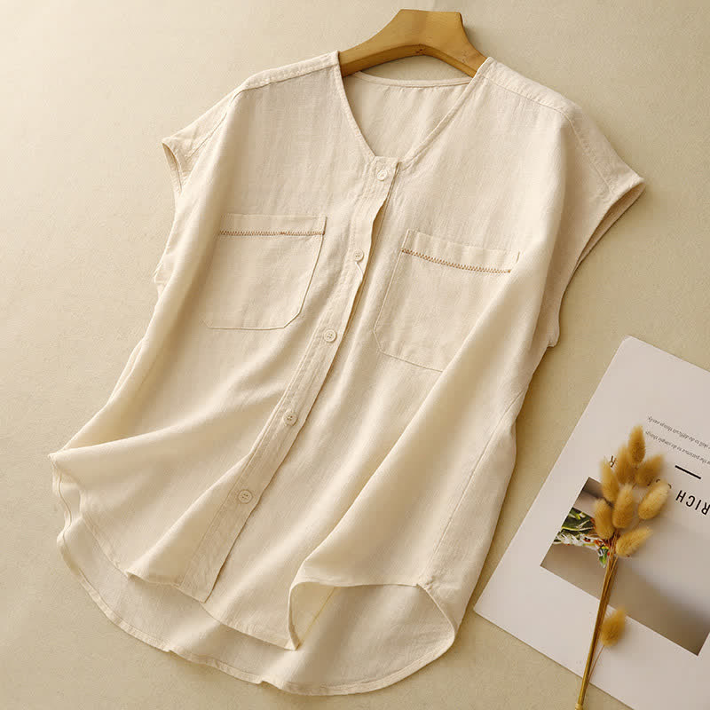 Buddha Stones Camiseta sin mangas de mujer, estilo casual de verano, minimalista, con botones y bolsillo de parche. - image 2