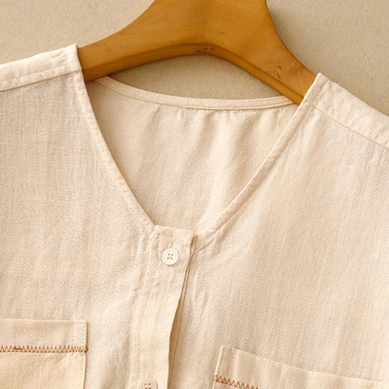 Buddha Stones Camiseta sin mangas de mujer, estilo casual de verano, minimalista, con botones y bolsillo de parche. - image 3