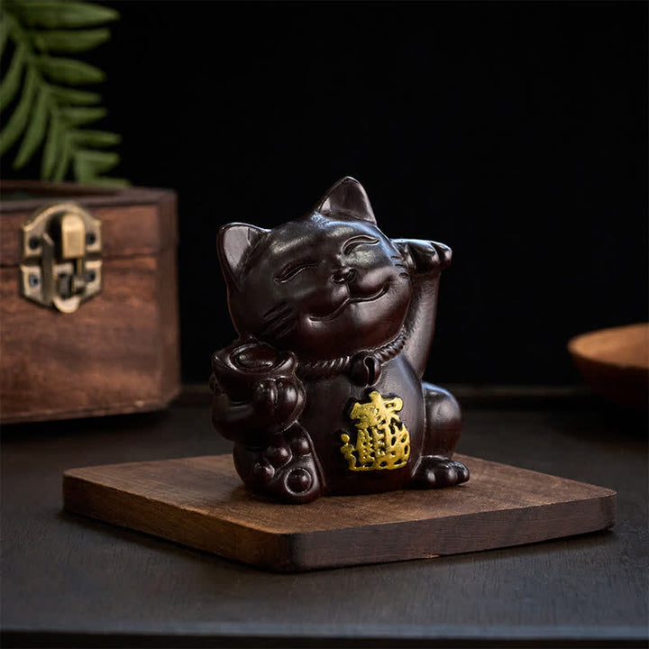Buddha Stones Gato de la suerte para atraer la riqueza, adorno de bendición tallado en madera de ébano - image 4