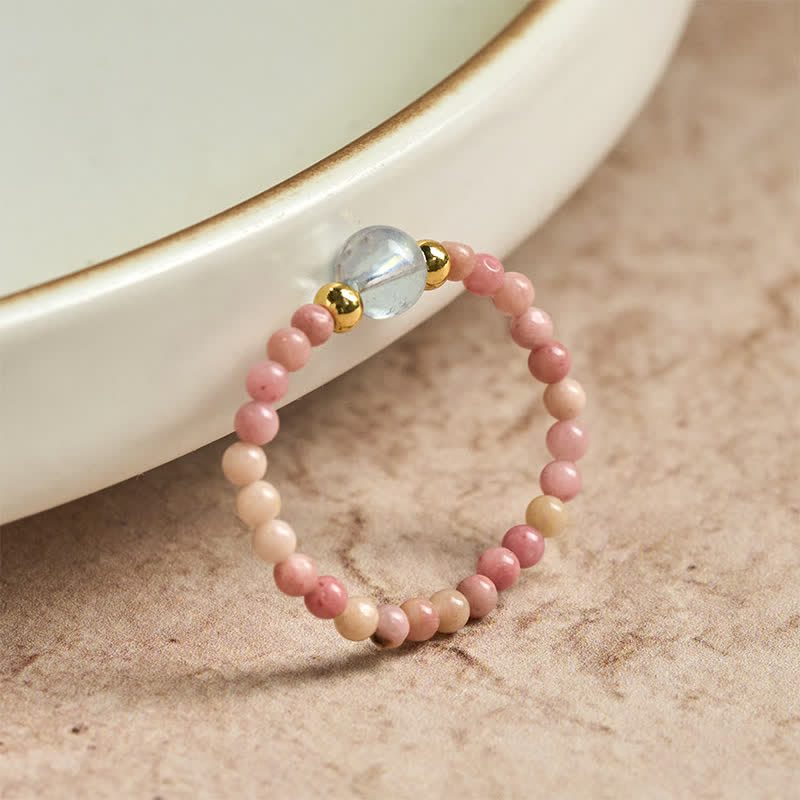 Buddha Stones Anillo elástico curativo con minicuentas de rodonita natural, aguamarina, topacio y cuarzo rosa de 2 mm. - image 1