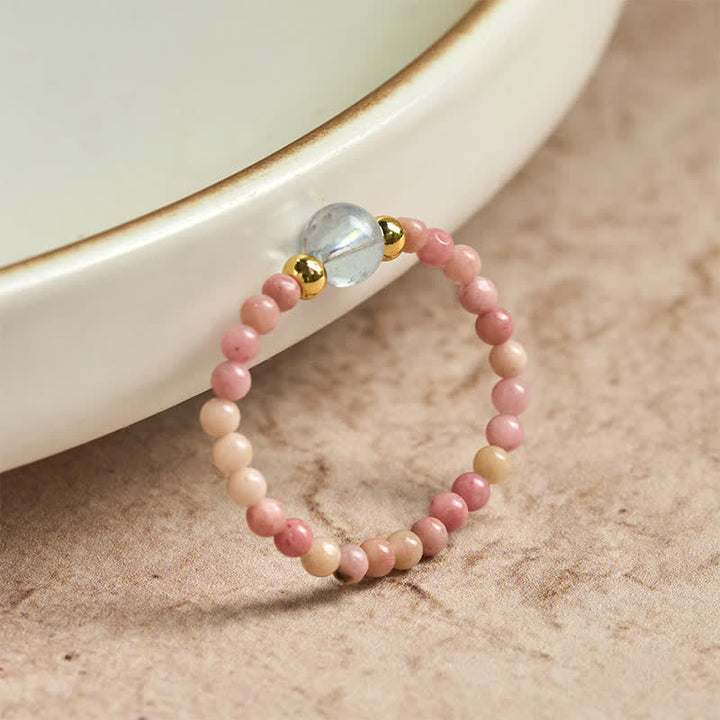 Buddha Stones Anillo elástico curativo con minicuentas de rodonita natural, aguamarina, topacio y cuarzo rosa de 2 mm. - image 1