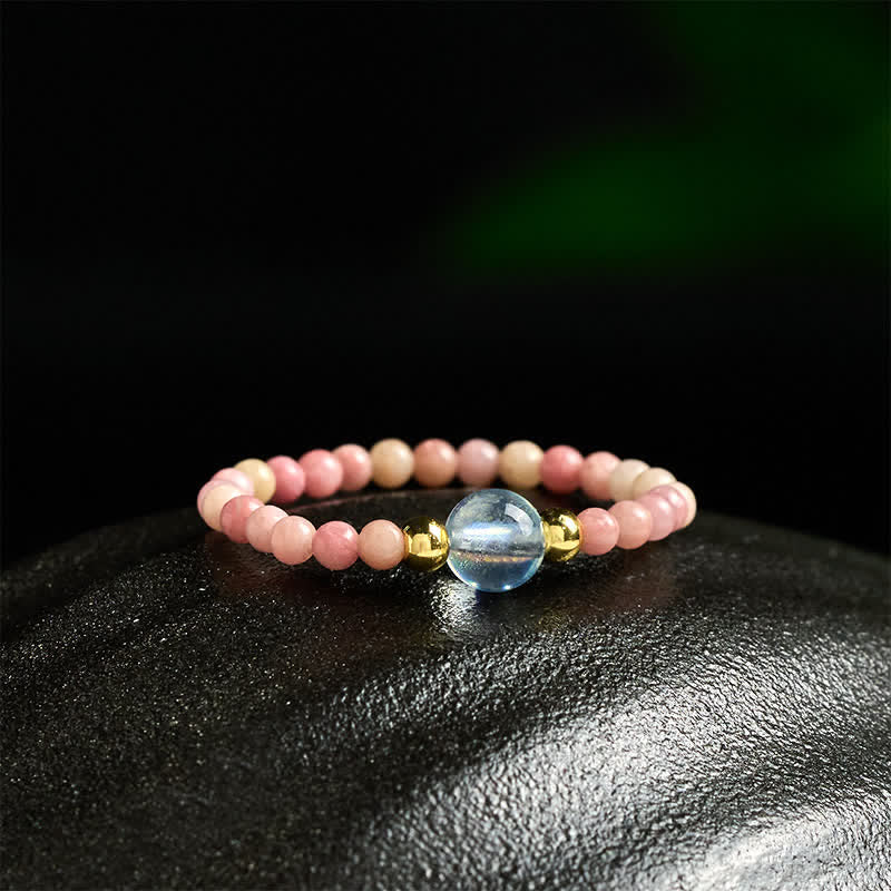 Buddha Stones Anillo elástico curativo con minicuentas de rodonita natural, aguamarina, topacio y cuarzo rosa de 2 mm. - image 3