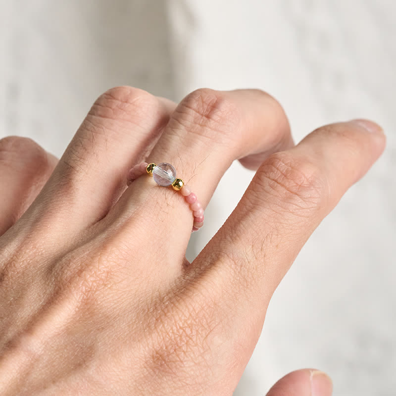 Buddha Stones Anillo elástico curativo con minicuentas de rodonita natural, aguamarina, topacio y cuarzo rosa de 2 mm. - image 4