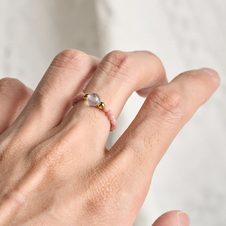 Buddha Stones Anillo elástico curativo con minicuentas de rodonita natural, aguamarina, topacio y cuarzo rosa de 2 mm. - image 4