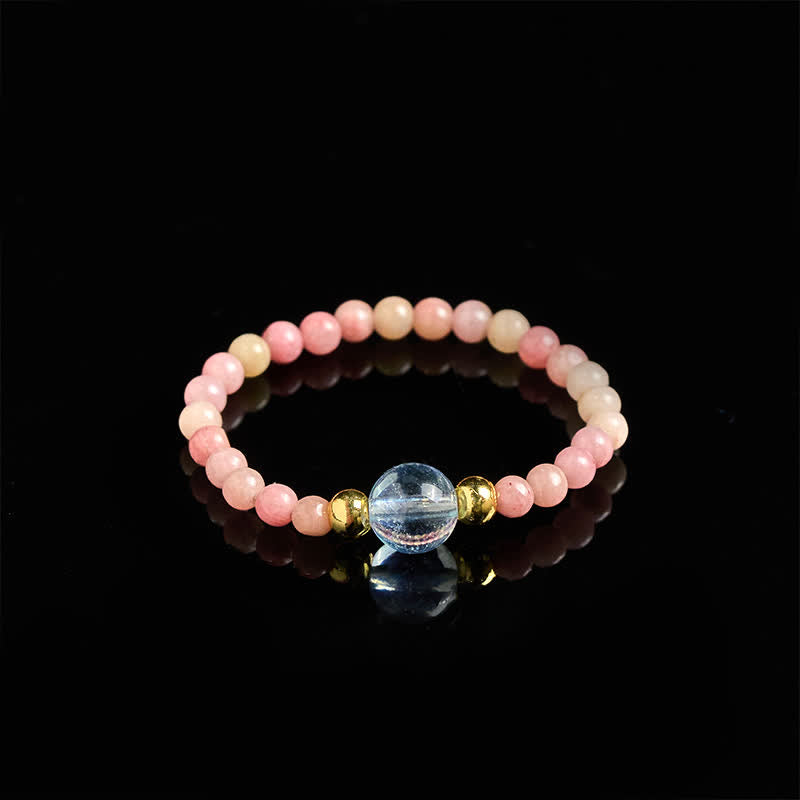 Buddha Stones Anillo elástico curativo con minicuentas de rodonita natural, aguamarina, topacio y cuarzo rosa de 2 mm. - image 2