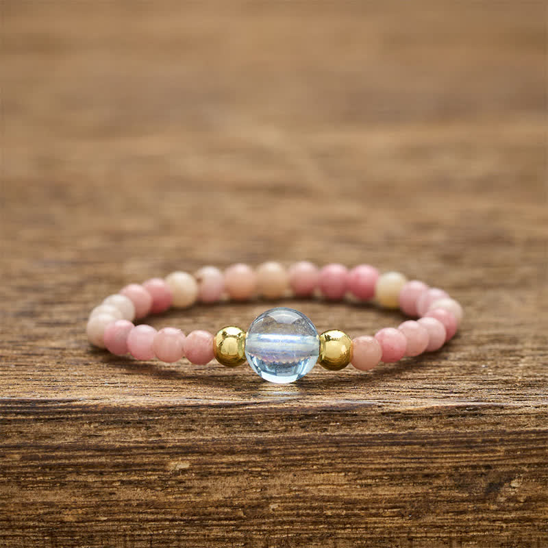 Buddha Stones Anillo elástico curativo con minicuentas de rodonita natural, aguamarina, topacio y cuarzo rosa de 2 mm. - Rodonita natural (el color puede variar) + Aguamarina natural (el color puede variar) (2 mm + 4 mm) - image 0