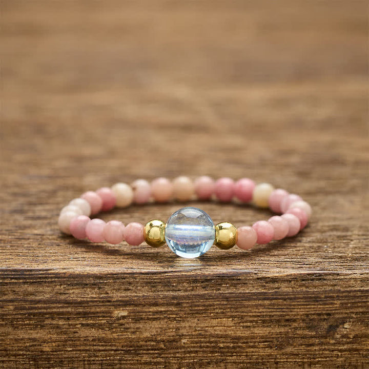 Buddha Stones Anillo elástico curativo con minicuentas de rodonita natural, aguamarina, topacio y cuarzo rosa de 2 mm. - Rodonita natural (el color puede variar) + Aguamarina natural (el color puede variar) (2 mm + 4 mm) - image 0