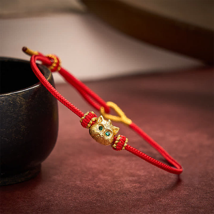 Buddha Stones Pulsera de la suerte con lindo gato, tejida a mano con hilo rojo. - image 2